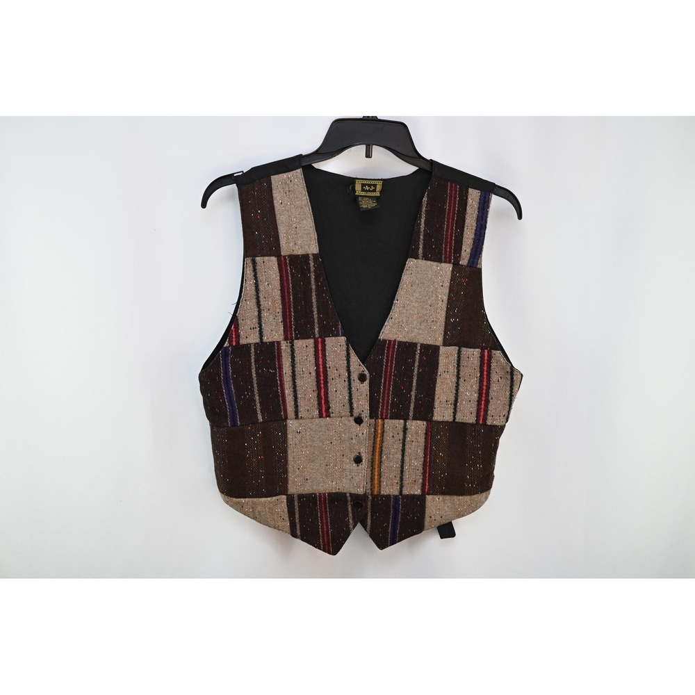 Vintage A.J. Wool Patchwork Vest Brown Beige Striped Waistcoat Womens Large